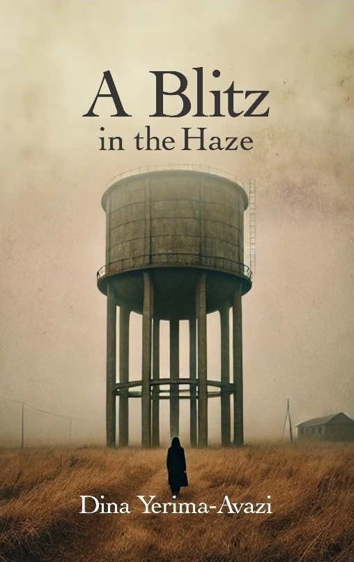 Cover of A Blitz in the Haze: a lone figure walks towards a water tower through the harmattan haze